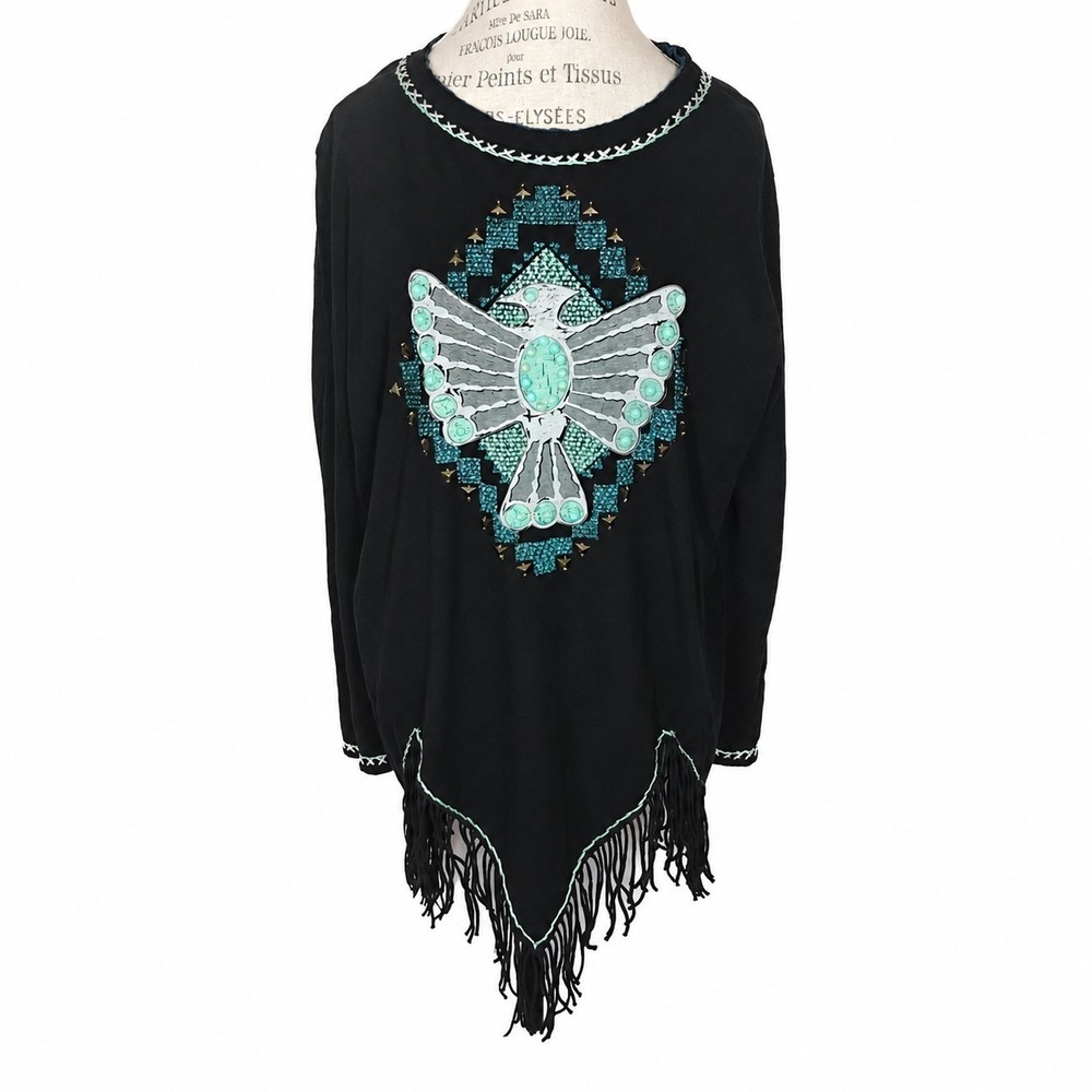 Double‎ D Ranch Thunderbird Fringe Top Womens XL Black Beaded Studs Southwestern